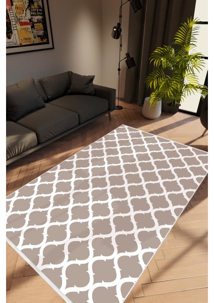 Salon Halısı Modern Geometrik Fas Kahverengi Beyaz Kaydırmaz Yıkanabilir Ince Halı Tüysüz Kilim