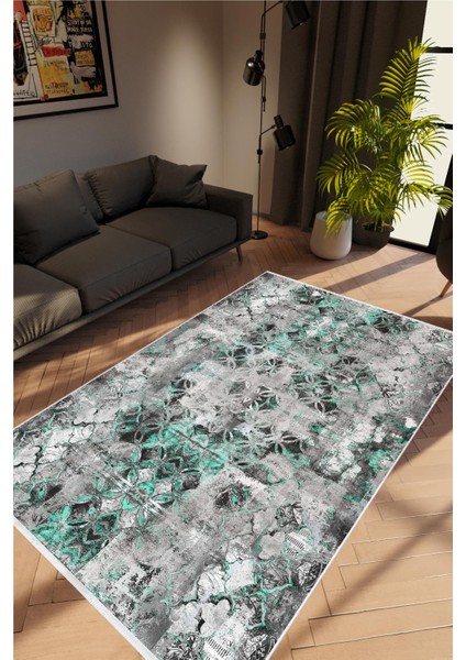 Salon Halısı Doku Eskitme Gri Yeşil Kaydırmaz Kesme Yıkanabilir Ince Halı Tüysüz Kilim