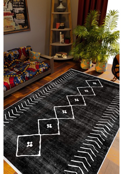 Salon Halısı Otantik Eskitme Siyah Kaydırmaz Kesme Yıkanabilir Ince Halı Tüysüz Kilim