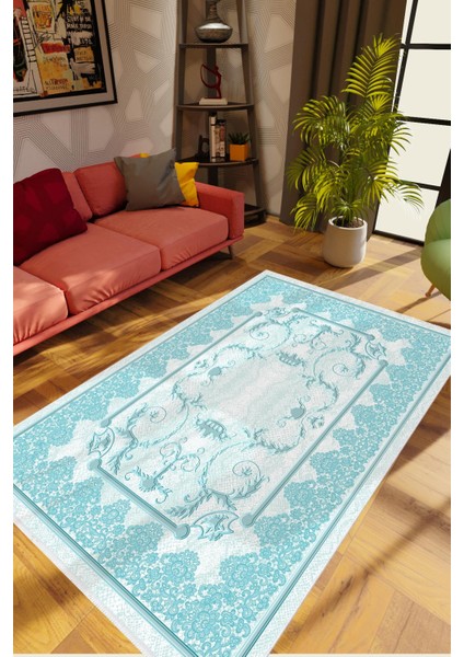 Salon Halısı Figürlü Çiçekli Mavi Beyaz Kaydırmaz Kesme Yıkanabilir Ince Halı Tüysüz Kilim