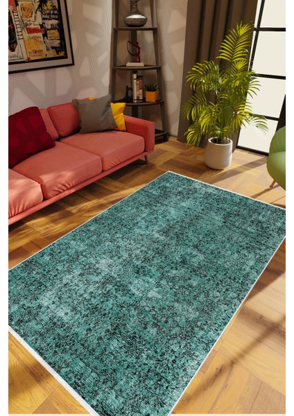 Salon Halısı Otantik Eskitme Yeşil Mavi Kaydırmaz Kesme Yıkanabilir Ince Halı Tüysüz Kilim