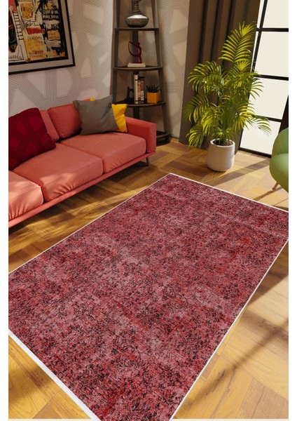 Salon Halısı Otantik Eskitme Bordo Kaydırmaz Kesme Yıkanabilir Ince Halı Tüysüz Kilim