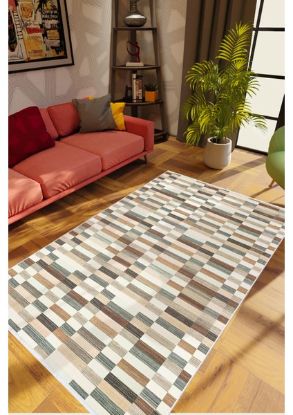 Salon Halısı Modern Patchwork Bej Krem Kahverengi Kaydırmaz Kesme Yıkanabilir Ince Halı Tüysüz Kilim