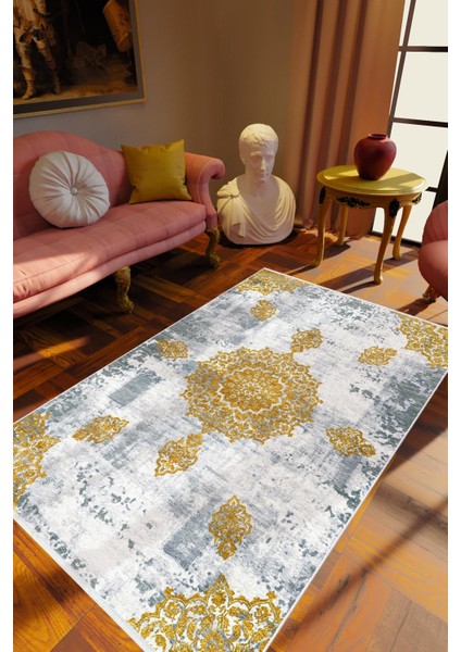 Salon Halısı Klasik Altın Gri Metalik Kaydırmaz Kesme Yıkanabilir Ince Halı Tüysüz Kilim