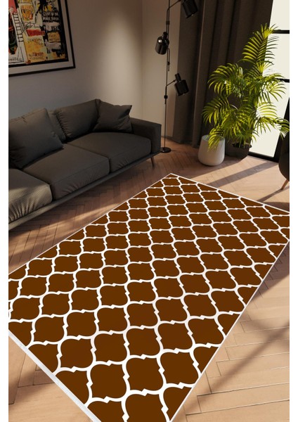 Salon Halısı Modern Geometrik Kahverengi Krem Kaydırmaz Kesme Yıkanabilir Ince Halı Tüysüz Kilim
