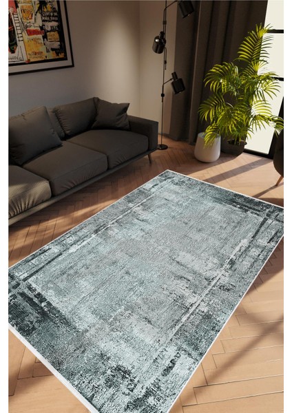 Salon Halısı Doku Eskitme Gri Mavi Kaydırmaz Kesme Yıkanabilir Ince Halı Tüysüz Kilim
