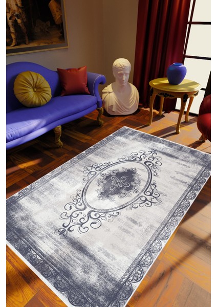 Salon Halısı Klasik Lacivert Mavi Kaydırmaz Kesme Yıkanabilir Ince Halı Tüysüz Kilim