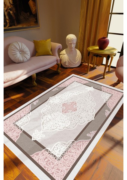 Salon Halısı Klasik Gri Beyaz Kaydırmaz Kesme Yıkanabilir Ince Halı Tüysüz Kilim