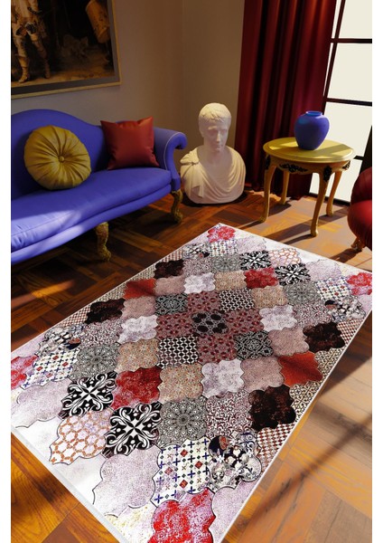 Salon Halısı Eskitme Klasik Fas Bordo Kahverengi Beyaz Kaydırmaz Yıkanabilir Ince Halı Tüysüz Kilim