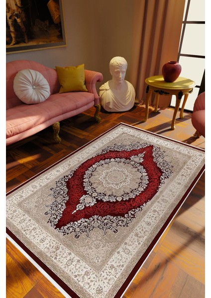 Salon Halısı Klasik Eskitme Bordo Vizon Kaydırmaz Kesme Yıkanabilir Ince Halı Tüysüz Kilim
