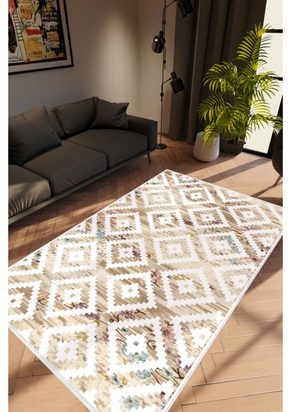 Salon Halısı Modern Geometrik Bej Kaydırmaz Kesme Yıkanabilir Ince Halı Tüysüz Kilim