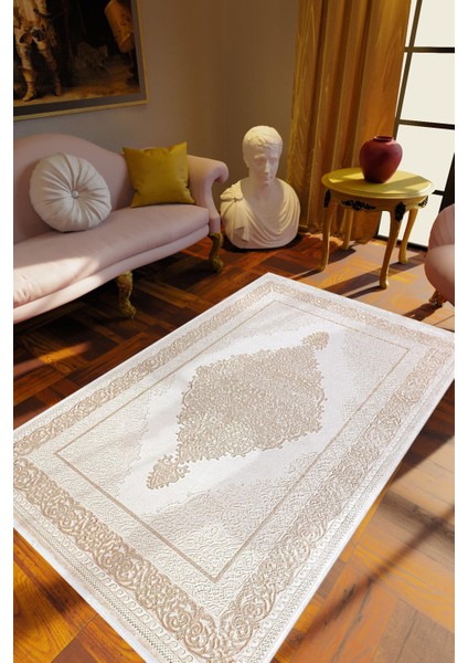Salon Halısı Klasik Bej Krem Kaydırmaz Kesme Yıkanabilir Ince Halı Tüysüz Kilim