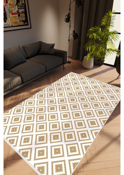 Salon Halısı Modern Zig Zag Kahverengi Taba Krem Kaydırmaz Kesme Yıkanabilir Ince Halı Tüysüz Kilim