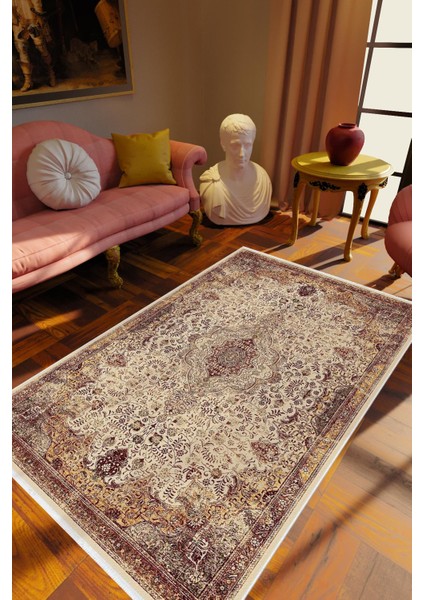 Salon Halısı Klasik Eskitme Turuncu Kahverengi Bordo Kaydırmaz Yıkanabilir Ince Halı Tüysüz Kilim