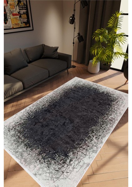 Salon Halısı Doku Eskitme Siyah Gri Kaydırmaz Kesme Yıkanabilir Ince Halı Tüysüz Kilim