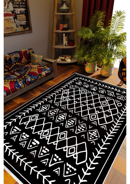 Salon Halısı Otantik Eskitme Siyah Beyaz Kaydırmaz Kesme Yıkanabilir Ince Halı Tüysüz Kilim