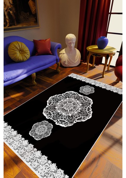 Salon Halısı Klasik Siyah Kaydırmaz Kesme Yıkanabilir Ince Halı Tüysüz Kilim