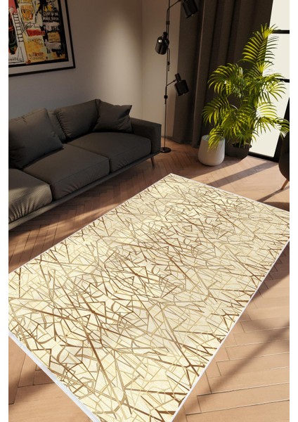Salon Halısı Modern Geometrik Bej Krem Gold Kaydırmaz Kesme Yıkanabilir Ince Halı Tüysüz Kilim