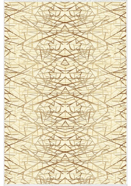 Salon Halısı Modern Geometrik Bej Krem Gold Kaydırmaz Kesme Yıkanabilir Ince Halı Tüysüz Kilim
