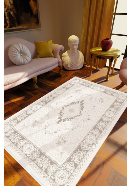 Salon Halısı Klasik Ekru Beyaz Gri Kaydırmaz Kesme Yıkanabilir Ince Halı Tüysüz Kilim