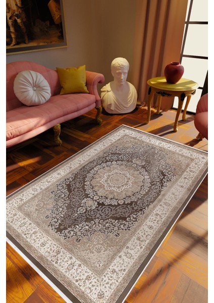 Salon Halısı Klasik Eskitme Bej Vizon Kaydırmaz Kesme Yıkanabilir Ince Halı Tüysüz Kilim