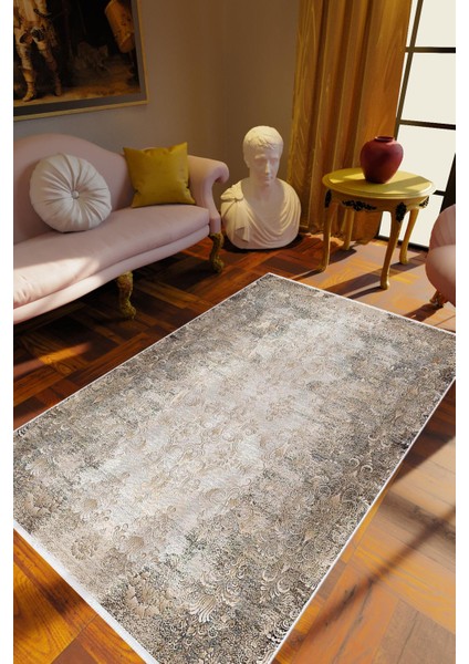 Salon Halısı Klasik Eskitme Gümüş Gri Kaydırmaz Kesme Yıkanabilir Ince Halı Tüysüz Kilim