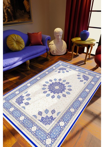 Salon Halısı Klasik Mavi Krem Kaydırmaz Kesme Yıkanabilir Ince Halı Tüysüz Kilim