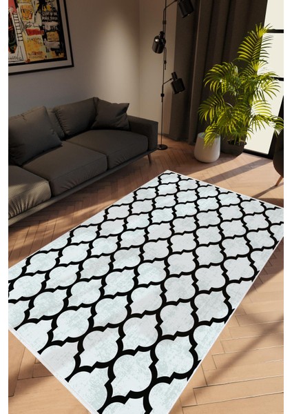 Salon Halısı Modern Geometrik Gri Siyah Krem Kaydırmaz Kesme Yıkanabilir Ince Halı Tüysüz Kilim