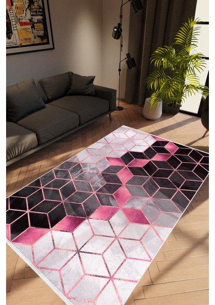 Salon Halısı Modern Geometrik Metalik Gri Siyah Pembe Kaydırmaz Yıkanabilir Ince Halı Tüysüz Kilim