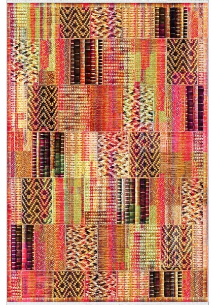 Salon Halısı Eskitme Patchwork Pembe Kaydırmaz Kesme Yıkanabilir Ince Halı Tüysüz Kilim