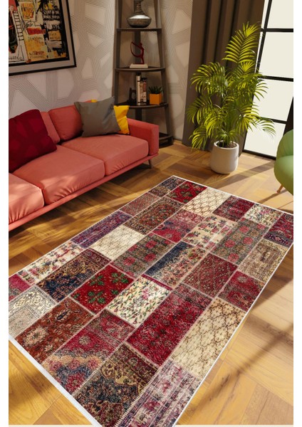 Salon Halısı Modern Patchwork Bordo Kaydırmaz Kesme Yıkanabilir Ince Halı Tüysüz Kilim