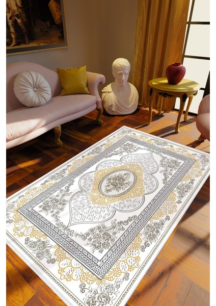 Salon Halısı Klasik Gri Beyaz Altın Kaydırmaz Kesme Yıkanabilir Ince Halı Tüysüz Kilim