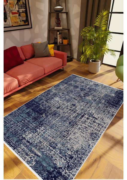 Salon Halısı Modern Eskitme Lacivert Kaydırmaz Kesme Yıkanabilir Ince Halı Tüysüz Kilim