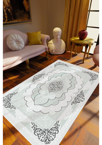 Salon Halısı Klasik Gri Siyah Kaydırmaz Kesme Yıkanabilir Ince Halı Tüysüz Kilim