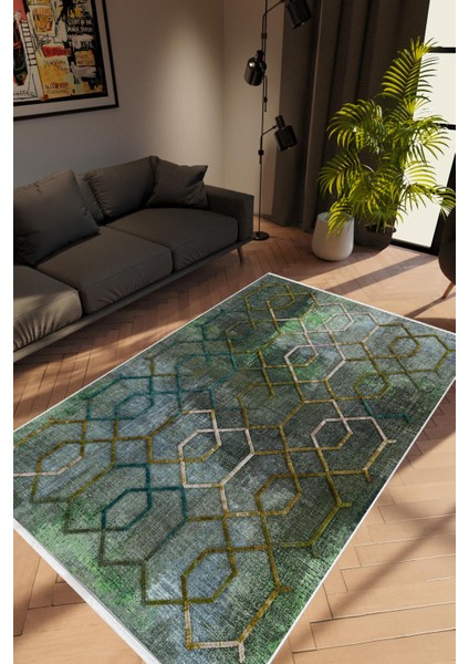 Salon Halısı Modern Geometrik Yeşil Gri Kaydırmaz Kesme Yıkanabilir Ince Halı Tüysüz Kilim