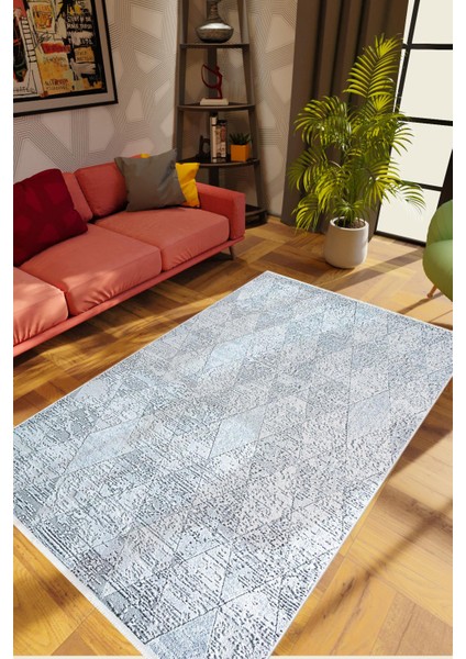 Salon Halısı Modern Eskitme Baklava Desen Mavi Gri Kaydırmaz Yıkanabilir Ince Halı Tüysüz Kilim