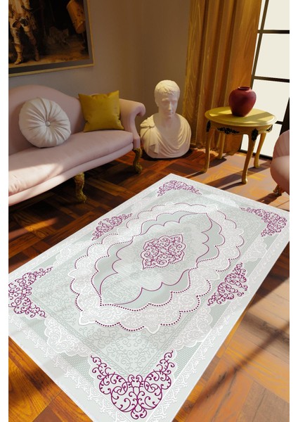 Salon Halısı Klasik Gri Mor Kaydırmaz Kesme Yıkanabilir Ince Halı Tüysüz Kilim