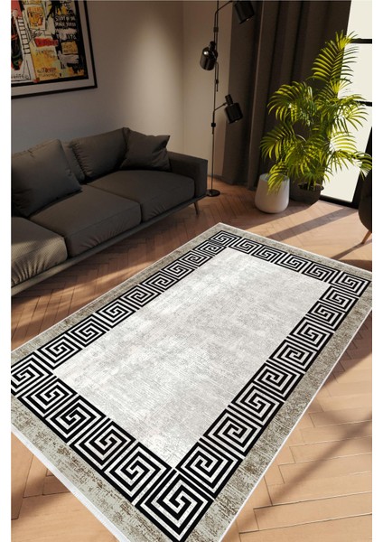 Salon Halısı Doku Eskitme Gri Siyah Kaydırmaz Kesme Yıkanabilir Ince Halı Tüysüz Kilim