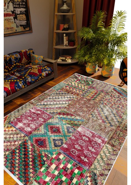 Salon Halısı Otantik Eskitme Patchwork Kahverengi Kaydırmaz Kesme Yıkanabilir Ince Halı Tüysüz Kilim