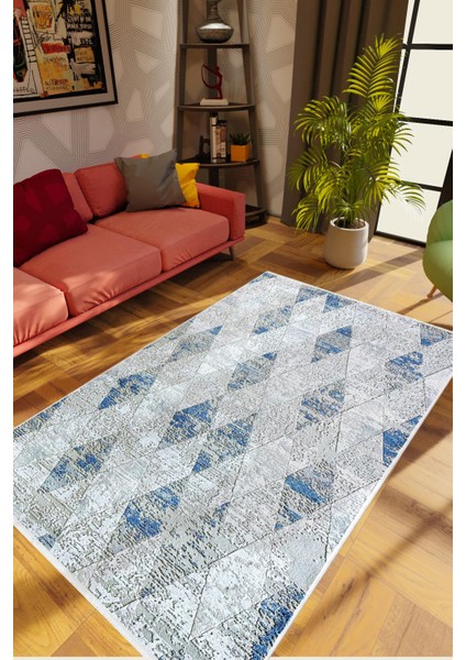 Salon Halısı Modern Eskitme Baklava Desen Gri Mavi Kaydırmaz Yıkanabilir Ince Halı Tüysüz Kilim