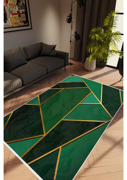 Salon Halısı Modern Geometrik Altın Yeşil Gold Kaydırmaz Kesme Yıkanabilir Ince Halı Tüysüz Kilim