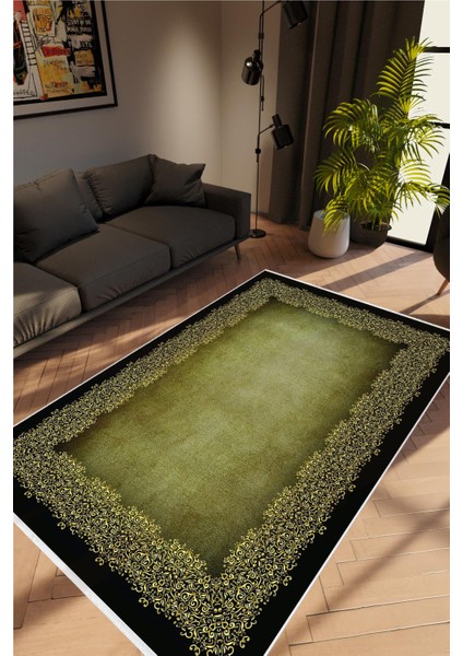 Salon Halısı Doku Eskitme Haki Yeşil Siyah Kaydırmaz Kesme Yıkanabilir Ince Halı Tüysüz Kilim
