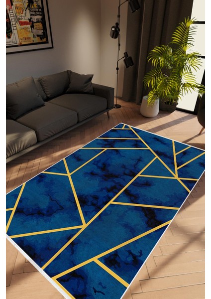 Salon Halısı Modern Geometrik Altın Lacivert Gold Kaydırmaz Kesme Yıkanabilir Ince Halı Tüysüz Kilim
