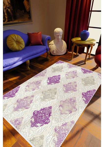 Salon Halısı Klasik Mor Beyaz Kaydırmaz Kesme Yıkanabilir Ince Halı Tüysüz Kilim