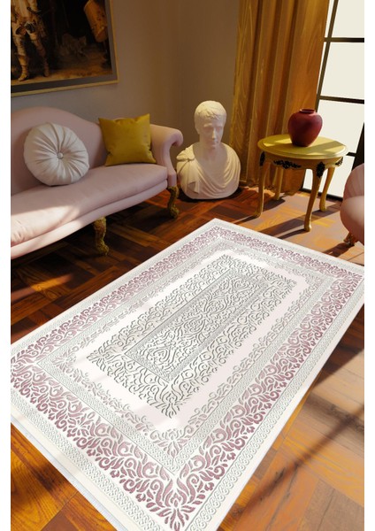 Salon Halısı Klasik Beyaz Gri Mor Kaydırmaz Kesme Yıkanabilir Ince Halı Tüysüz Kilim
