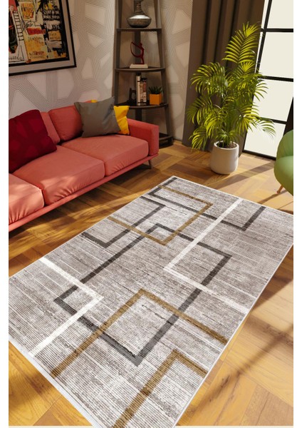 Salon Halısı Modern Geometrik Kahverengi Kaydırmaz Kesme Yıkanabilir Ince Halı Tüysüz Kilim