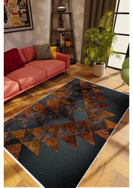 Salon Halısı Modern Geometrik Metalik Siyah Gri Gold Kaydırmaz Yıkanabilir Ince Halı Tüysüz Kilim