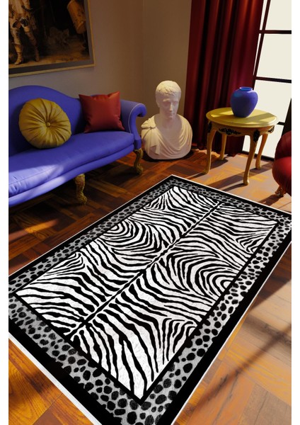 Salon Halısı Klasik Eskitme Zebra Gri Siyah Beyaz Kaydırmaz Kesme Yıkanabilir Ince Halı Tüysüz Kilim