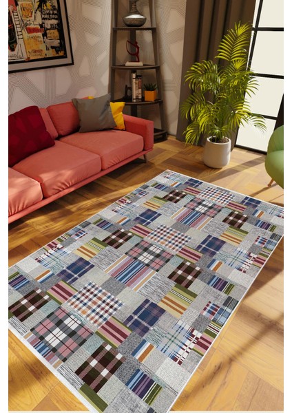 Salon Halısı Modern Patchwork Gri Kaydırmaz Kesme Yıkanabilir Ince Halı Tüysüz Kilim