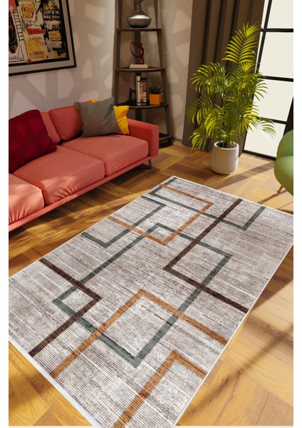 Salon Halısı Modern Geometrik Kahverengi Kaydırmaz Kesme Yıkanabilir Ince Halı Tüysüz Kilim